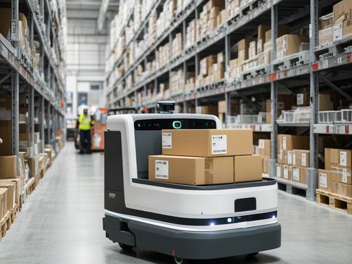 Robot mobile autonomo per picking in magazzino logistico e-commerce con scaffali alti