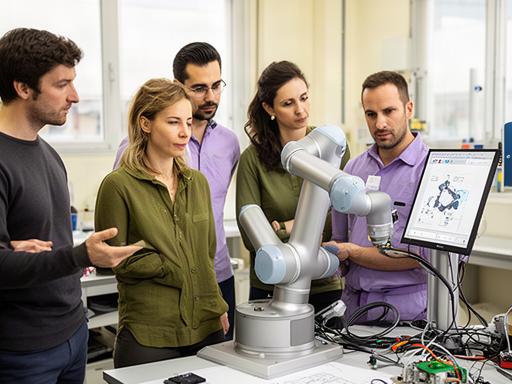 Team di ingegneri di Luca's Innovazione Robotica nella sede di Montichiari durante analisi di un robot collaborativo